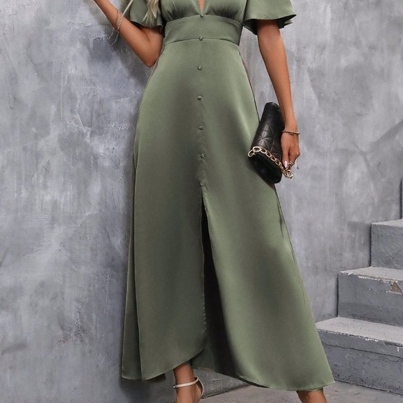Army Green Preppy Womens Plunging Neck Butterfly Sleeve Split Thigh Satin Dress - Picture 3 of 4